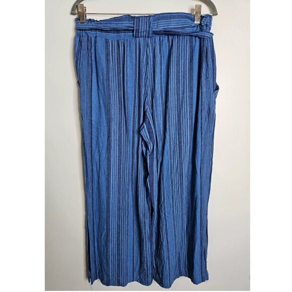 Indigo Rein Linen Blend Belted Cropped Pants Wide-Leg Blue Striped Women's Large - Picture 4 of 9